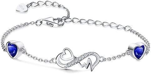 Qings Infinity Heart Birthstone Bracelet 925 Sterling Silver Adjustable ECG Heartbeat 2 Birthstones Bracelets with Sparkling Cubic Zirconia Chain Bracelet, Pretty Birthday Jewelry Gift for Women Girls