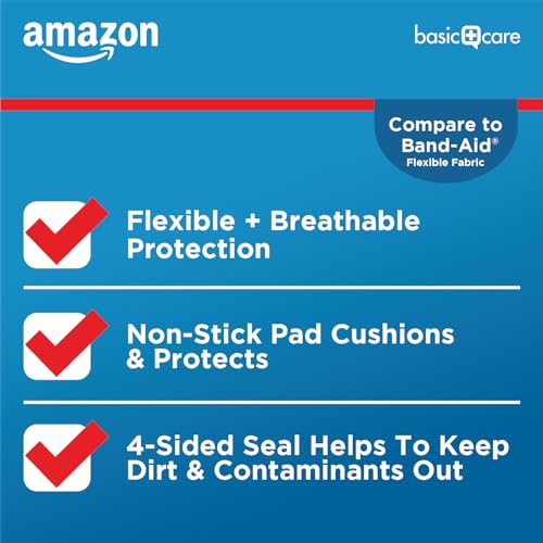 Image of Amazon Basic Care Flexible Fabric Adhesive Bandages, XL (2 in x 4 in), Non-Stick Pad for Cuts & Scrapes, 4-Sided Seal, 10 Count (Pack of 3)