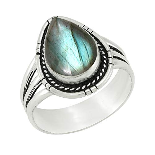 Natural Labradorite Sterling Silver Plated Triple Band Style Solitaire Ring Size 8 for Women - Handmade Teardrop Shape Gemstone Vintage Style Ring - Wedding Christmas Gifts for Her