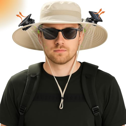 Solar Fan Hat,Wide Brim Sun Cap with 2 Solar Sun Protection Fans,Waterproof UPF 50+ Bucket Fishing Hat with Fan Built in Brown