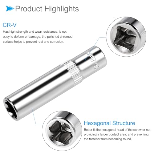 Image of 6-Point Socket, 1 /4 inch Drive 8mm Deep, Polished Chromed CR-V Metric Deep and Shallow Impact Socket - (Applications: for Ratchet Torque Electric Wrenches Car Repair), 2-Pieces