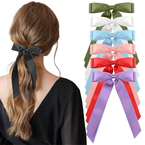 6PCS Silky Satin Hair Bows Clip - White Pink Ribbon for Women, Girls, and Weddings - Metal Slides and Accessories for Holidays