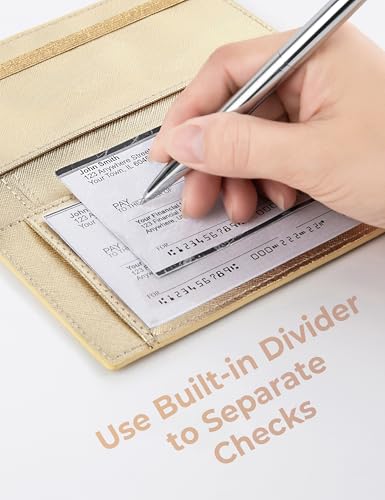Image of Yarnic Checkbook Cover for Personal Checkbook, Checkbook Holder with Pen Holder & Built-in Clear Plastic Divider for Duplicate Checks (Gold)