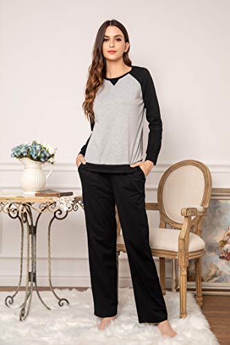 Ekouaer Long Sleeve Pajama Set Womens Comfy Sleepwear Round Neck Tee And Pants Cozy Loungewear Sets Black #TOP1