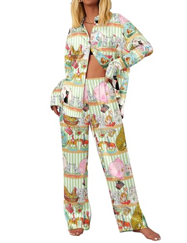 Ekouaer Womens Satin Silky Pajama Set 2 Piece Print PJs Soft Loungewear Button Down Sleepwear with Elastic Waist Long Pants