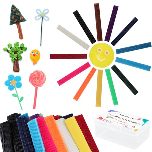 Kinmsito 600 Stück Wachsstäbchen für Kinder, 13 Colors Wachs Bastelstäbchen für Kinder,Wax Craft Sticks mit Aufbewahrungsbox, Klebrige Wachs Garnstäbchen für Handwerk DIY-Kunstzubehör