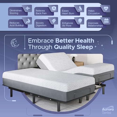 Image of Celestial Aurora Adjustable Bed Base (Frame) + 8 inch Gel Memory Foam Mattress (Firm), Easy Assembly, Head and Foot Lift, Zero Gravity, Memory Positions, CertiPUR-US Bed - Split King