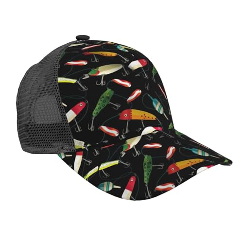 HKHLHLH Gorra de béisbol con estampado de señuelos de pesca, gorra de béisbol ajustable clásica para mujeres y hombres para viajar, Negro, Talla única