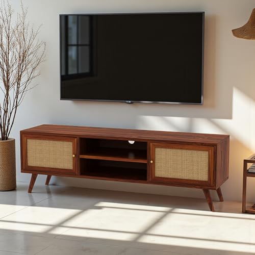 Image of The Attic Janah TV Cabinet, Solid Wood Sideboard TV Cabinet for Living Room, Wooden Free Standing TV Unit Side Board Table with Storage, Honey Matte Finish