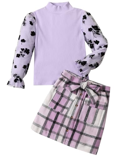 Image of Toddler Girl Clothes Girls Outfits Flare-lace Sleeve Top and Plaid Skirt Dress Fall Winter 2Pcs Girls Clothes 5-12T