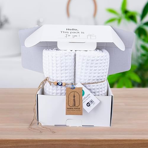 PÜSKÜL Pack of 2 Waffle Bath & Spa Towels - Premium 100% Turkish Organic Cotton - Quick Dry Thin Bath Towel for Bathroom - Made in Turkey (White, 32x63 inch) - Thumbnail 5