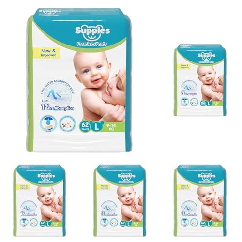Image of Amazon Brand - Supples Premium Baby Diaper Pants | 62 Baby Diapers | Large | 9-14 Kg | 12 Hrs Absorption | Cushiony Cotton Soft Fabric | Phthalates-Free | Triple Leak Guard (Pack of 5)
