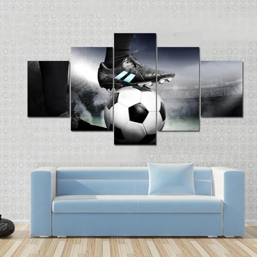 Tableau joueur de football 5 parties avec cadre en bois pour salon moderne