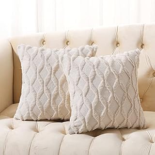 Volcanics Set of 2 Faux Wool Decorative Cushion Covers Soft Plush Square Boho Throw Pillow Cases Velvet Pillow Shell for Sofa Bedroom Beige 50x50 cm (20x20 inch)