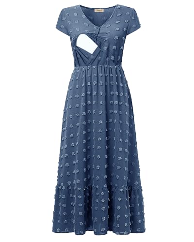 Image of CzzzyL Women Nursing Boho Maxi Dresses Cap Short Sleeve V Neck Swiss Dot High Waisted A-Line Ruffle Tiered with Pockets