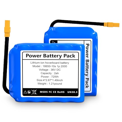 CBJJ 36V 2Ah Hoverboard Battery Replacement High Capacity Hoverboard Replacement Battery Rechargeable L?i?-i?on Battery Pack for Hoverboards, Size: 4 x 2.67 x 1.49inch, XT60 Connector, Fit 42V-2 Pack