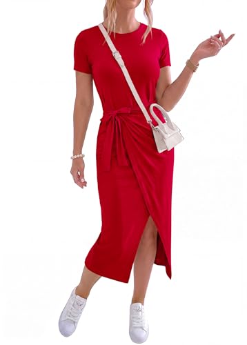 Image of NOLLSOM Women Casual Sleeveless Striped Tank Midi Dresses Halter Neck Ruched Bodycon Dresses Tie Waist T Shirt Summer Dress