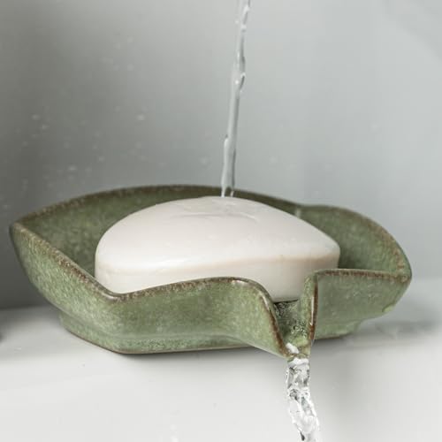 Self Draining Soap Dish, Ceramic Drain Soap Holder Waterfall Design Soap Saver for Shower, Bathroom, Sink, Kitchen and Countertop, Keeps Dry, Green