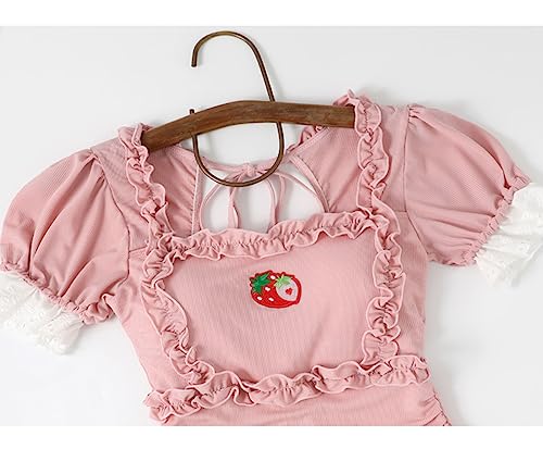 One Piece Swimsuit Women Teens Tummy Control Short Sleeve Kawaii Strawberry Vintage Ruffle Ruched Bathing Suit3