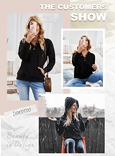 Dokotoo Womens Sweatshirts And Hoodies Front Button Collar Comfy Simple Plain Long Sleeve Drawstring Hoodies For Women With Pockets Hooded Pullover Casual Fashion Winter Autumn Shirt Tops Large Black #TOP4