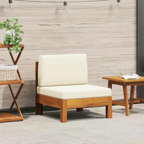 HaoChrymec Divano da Esterno Modulare con Cuscini, Legno Acacia Massello, Divanetto per Giardino e Balcone, Salottino Esterno con Design Moderno, Bianco Crema, 61 x 63 x 60 cm