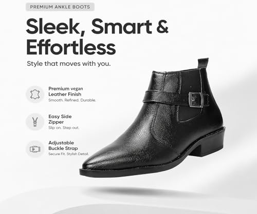 Image of Kraasa Men's Synthetic Leather Ankle Boots with Side Buckle Strap, Elastic Panel & Durable TPR Sole Casual & Formal Wear Boot