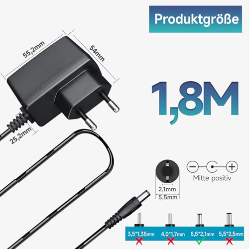 12 V 0,5 A 1,8 m Netzteiladapter, AC/DC-Schaltadapter (Eingang 100 – 240 V, Ausgang 12 Volt 0,5 A), Transformatorstecker zur Wandmontage mit 8 austauschbaren Buchsen, CE-gelistet