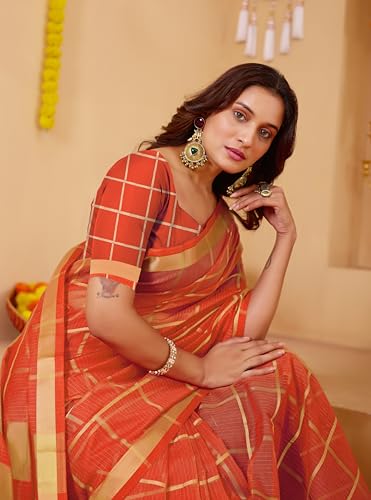 Image of StyleScope Women's Kota Doria Cotton Zari Checks Manipuri Saree With Unstitched Blouse Piece (Malanng)
