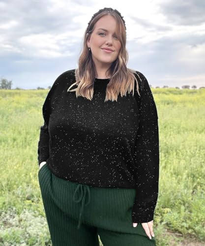 Image of CARCOS Plus Size Sweaters for Women Solid Crew Neck Knit Tops Casual Long Sleeve Pullover Sweater Sparkly Tunic Shirts