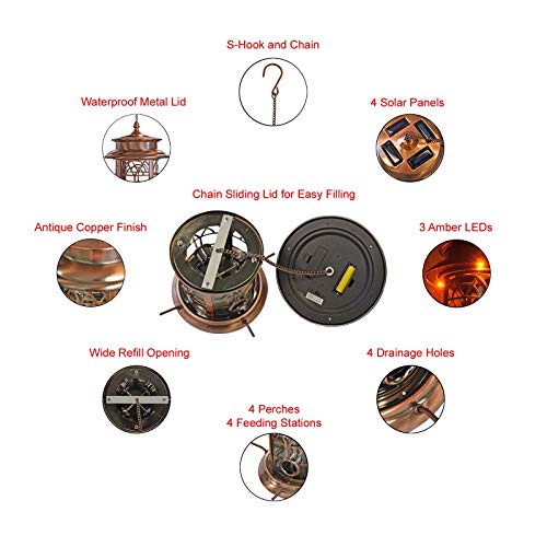 Westcharm Solar Bird Feeder For Outdoors Hanging | Waterproof Wild Bird Feeder For Outside | Weather Resistant Hanging Birdfeeder | Garden Décor Bird Feeder Gift For Bird Lovers - Antique Copper #TOP4