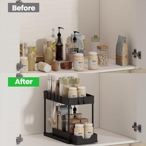 Meltrck Spülschrank Organizer - Unter Waschbecken Regal Organizer - Ausziehbares Lagerregal Organizer mit 8 Haken,Schwar (Schwar) – Ansicht 3