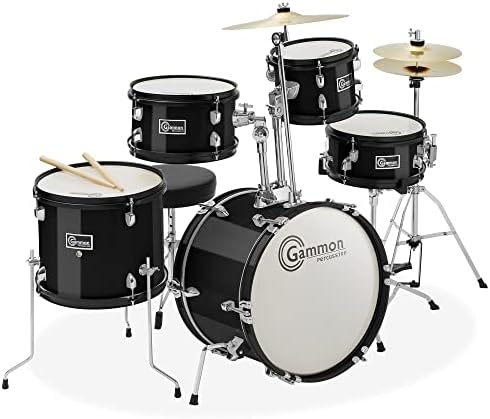 Gammon Percussion 5-Piece Junior Starter Drum Kit with Cymbals, Hardware, Sticks, & Throne - Black