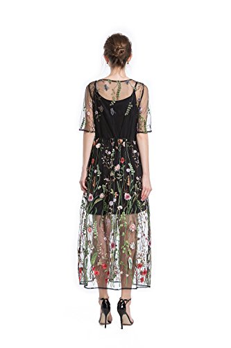 BaronHong Women's Floral Embroidered Tulle Prom Half-Sleeve V Neck Midi Dress with Waist Strap2