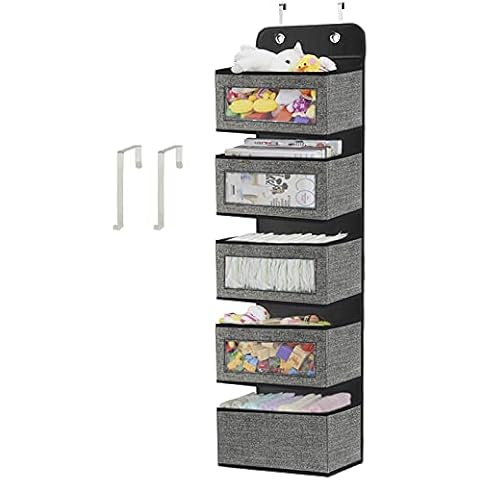 Hänge-Organizer mit 5 großen Taschen, Wandhalterung mit transparenten Fenstern und 2 Metallhaken für Speisekammer, Kinderzimmer, Badezimmer, Schrank (schwarz) Cover