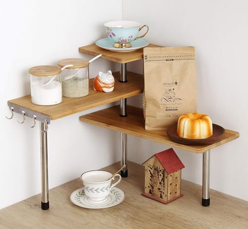 HYNAWIN 3-Tier Corner Shelf, Bamboo & Metal Storage Rack with