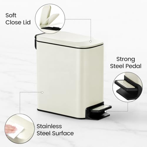 Image of TIPGO Small Bathroom Trash Can with Lid, 1.6 Gal, Soft Close, Cream | Foot Pedal, Soft Quiet Lid, 5.9'' Slim for Narrow Space, Stainless Steel, Anti-fingerprint, Removable Inner Bucket, Odor Seal