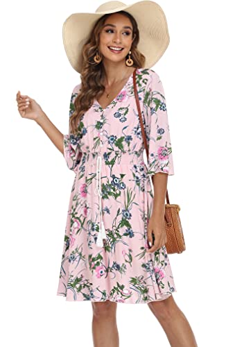 Image of VintageClothing Women's Floral Sundresses Flowy Boho Summer Beach Dress | Lightweight Breathable material,Elegant V Neck and Button Front Design,Flared Bell Sleeve Cut,Mini Casual dress
