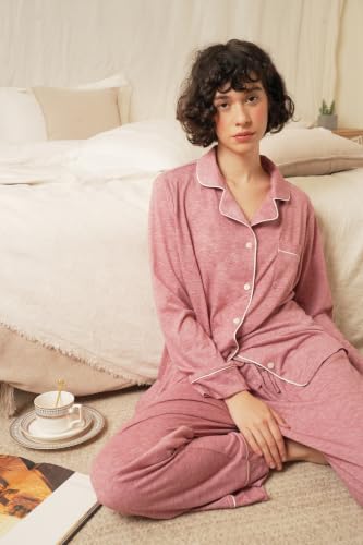 Image of Pajamas for Women Long Sleeve Pajama Set 2 Pieces Lounge Sets Sleepwear Pjs Ladies Sleepwear Button Down Nightwear