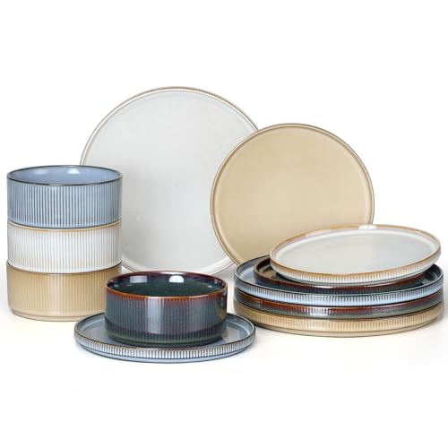 Image of E-far 12-Piece Plates and Bowls Sets, Stoneware Dinnerware Dishes Sets for 4, Kitchen Modern Dining Dishware, Chip & Scratch Resistant, Microwave & Dishwasher Safe, Multicolor