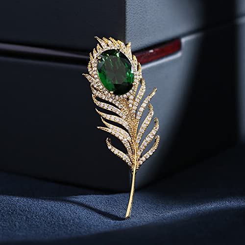 Image of 14K Golden Plated Feather Brooch Pin for Women Men With Simulated Emerald Cubic Zirconia Rhinestone Lapel Suit Badges Brooches Pins Fashion Delicate Corsage Scarfts Jewelry Gifts Wedding Birthday