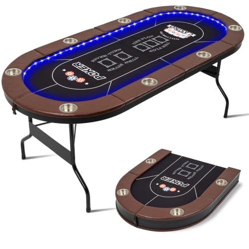 BEHOO 71" LED Poker Table, 8 Player Folding Texas Holdem Table with Padded Rails & Cup Holders, Casino Poker Table with Built-in LED Lights, Oval Portable Blackjack Tables Leisure (Black)