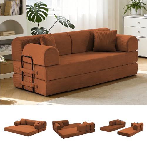 Image of 79'' Convertible Sofa Bed, 6 in 1 Folding Floor Futon Couch Sleeper with Fixed Frame, Corduroy Modular Sofa Bed with Removable Armrests & Pillows, No Assembly for Living Room Bedroom (Orange)