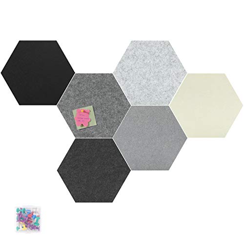 Tikea Felt Board Large - Bulletin Board Hexagon 11.8 x10.2 x3 inch, 6PCS Push Pin Board Memo Notice Board Decor with 15 Pins for Wall Home Office School, Black, Gray, Multi Color