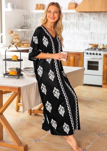 Image of Bloggerlove Women Nightgowns Cotton Caftan House Dress Short Sleeve Sleepwear Vacation Beach Moo Moos Dress with Pockets
