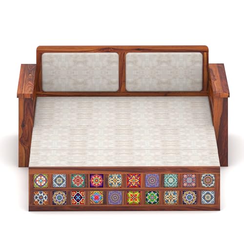 Image of Solid Sheesham Wood Sofa Cums Bed with Cushioned Seating & Handcrafted Tile Storage Front | Rosewood Convertible Sofa Bed for Living Room & Bedroom (Honey Finish)