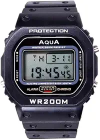 AQUA Relógio Digital Masculino, Preto, Resistente à Água 200M, Alarme, Cronômetro, Luz de Fundo Eletroluminescente