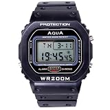 AQUA Relógio Digital Masculino, Preto, Resistente à Água 200M, Alarme, Cronômetro, Luz de Fundo Eletroluminescente