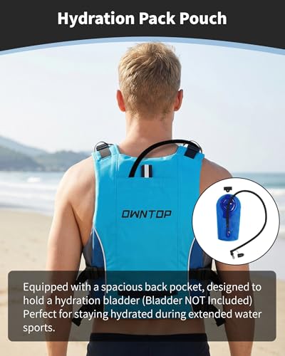 Owntop Schwimmhilfen Erwachsene Jugend mit Trinkrucksack, Pfeife, Mesh Taschen| Verstellbare Auftriebsweste| Leichte Schwimmjacke Unisex für SUP, Kajakfahren, Angeln Alle Wassersportarten