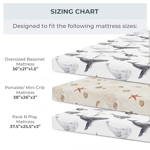 Image of Pobibaby 2 Pack Pack N Play Sheets for Boys - Premium Cotton Blend Fitted Playard Sheet, Soft Breathable Mini Crib Sheets Boy, Playpen Mattress Cover for Standard Travel Playards 38x26 (Seaside)