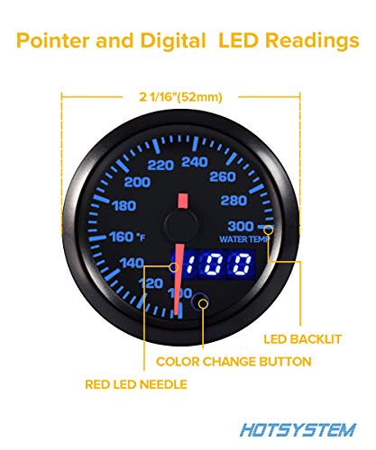 Hotsystem 7 Color Water Coolant Temperature Gauge Kit 100-300 Fahrenheit Pointer & Led Digital Readouts 2-1/16" 52Mm Black Dial For Car Truck（Fahrenheit） #TOP1